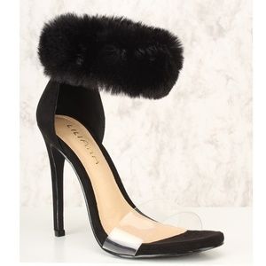 Black Faux Fur Open Toe Sandal